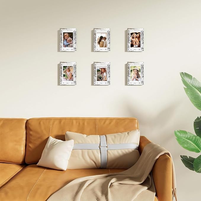 Vittanly 4x6 Picture Frames Set of 9, Shatter Resistant Plexiglass, Display 3.5x5 Pictures with Mat or 4x6 without Mat, Photo Frames for Wall or Tabletop, Engineered Wood, Distressed White-Ruum Studio Home