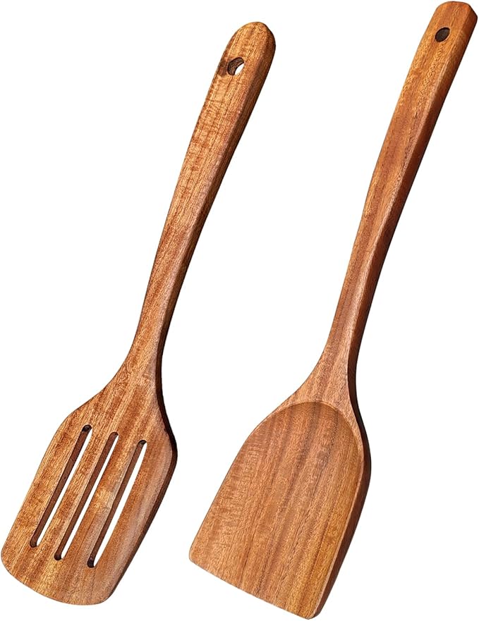 Wooden Spatulas for Cooking Non-Stick Kitchen Pan Toolset 2 PCS Set, Natural Teak Kitchen Utensils,Smooth Finish Utensils Fried Spatula,Turner Non-Stick Wooden Cooking Utensils-Ruum Studio Home