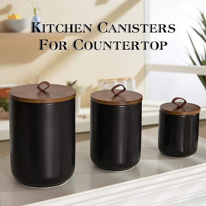 Black Ceramic Canister Set with Wooden Lid, 3-Piece Food Storage Jars for Kitchen Counter, Storage Container for Coffee, Tea, Spice, Sugar, Grains, Salt-Ruum Studio Home