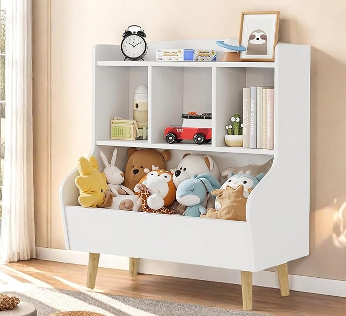 Kids Bookshelf and Toy Storage, 4-Cubby Toy Storage Organizer with Bookcase, Wood Kid Storage Cubby, 24"L x 14"D x 28"H Montessori Toy Shelf, Toddler Book Shelf for Kids Room Nursery Playroom-Ruum Studio Home