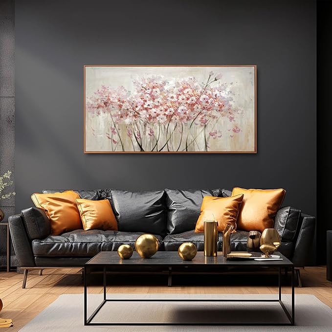 Flower Wall Art Framed Beige Canvas Paintings Colorful Wall Decor 24"x48" Art Posters Pictures for Dining Room Office Hotel-Ruum Studio Home