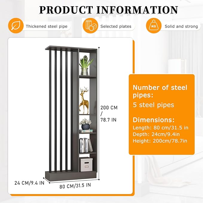 Wall Room Divider with Shelves, Freestanding Modern Wood + Metal Room Divider Screen with Storage Cabinet, Black, 1 Panel, L 31.49.478.7in-Ruum Studio Home