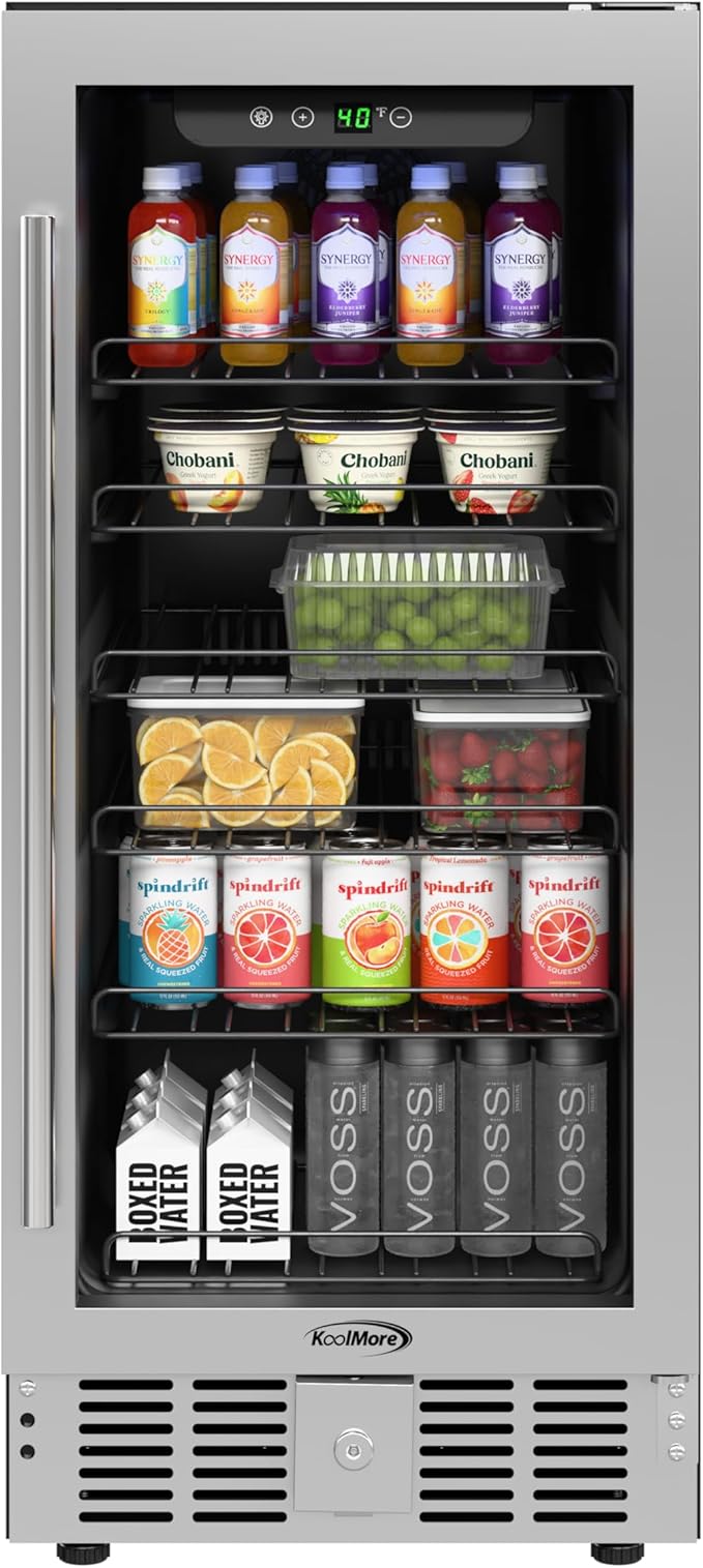 KoolMore 15” Inch Small Built-In Refrigerator and Beverage Cooler for Soda Cans, Beer Cans, Food and Fresh Snacks, 5 Wire Shelves, Adjustable Temperature Range (KM-BIR3C-GD), Stainless Steel-Ruum Studio Home