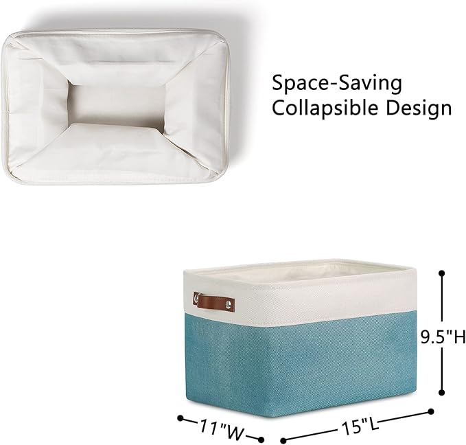 DULLEMELO Storage Baskets for Shelves, Fabric Collapsible Rectangular Storage Bins for Shelves, Closets, Nursery, Home, Empty Gift Baskets (3-Pack Medium-15 inch X 11 inch X 9.5 inch , White&Teal)-Ruum Studio Home