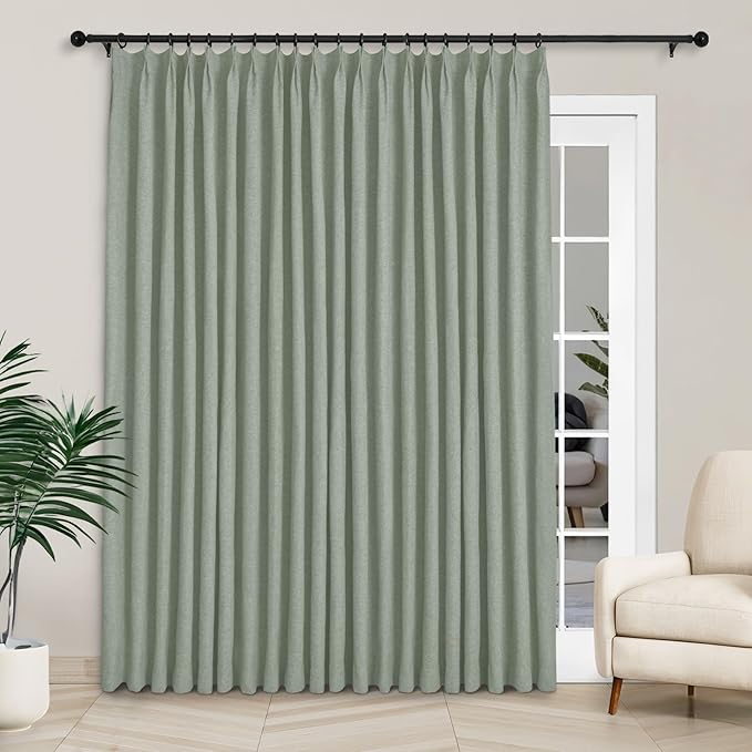 Macochico Extra Wide 100% Blackout Linen Curtains for Sliding Door Pleated Curtains with Hooks Insulated Soft Linen Drapes for Bedroom Living Room with Tieback Fog Green 100”Wx84”L 1 Panel-Ruum Studio Home