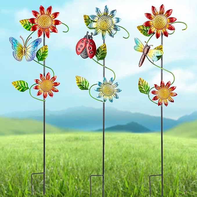 3 Pcs Sunflower＆Butterly＆Ladybug＆Dragonfly Decorative Garden Stakes,23.5 in Metal Sunflower Yard Art for Outside Decor,Spring Outdoor Decor for Mom,Women,Grandma-Ruum Studio Home