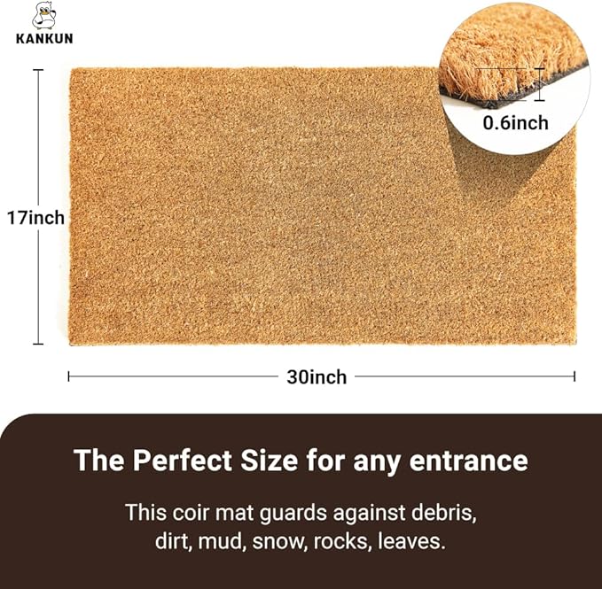KANKUN Coco Coir Door Mat with Heavy Duty Backing, Welcome Doormat (17" x 30"), Doormat Entrance (Plain - Natural)-Ruum Studio Home