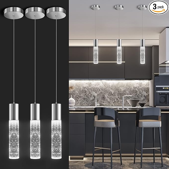 OKELI Modern Pendant Lights,LED Bubble Crystal Kitchen Island Light Fixtures,Chrome Mini Single Pendant Lighting for Kitchen Island,Bar,6W,6000K,ETL,3Pack-Ruum Studio Home