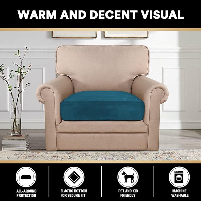 PrinceDeco Couch Cushion Cover Cushion Slipcover for Chair Sofa Cushion Furniture Protector Seat Cushion Sofa Cover for Dog Pet Kid with Elastic Straps Width Up to 29.5", Deep Teal-Ruum Studio Home