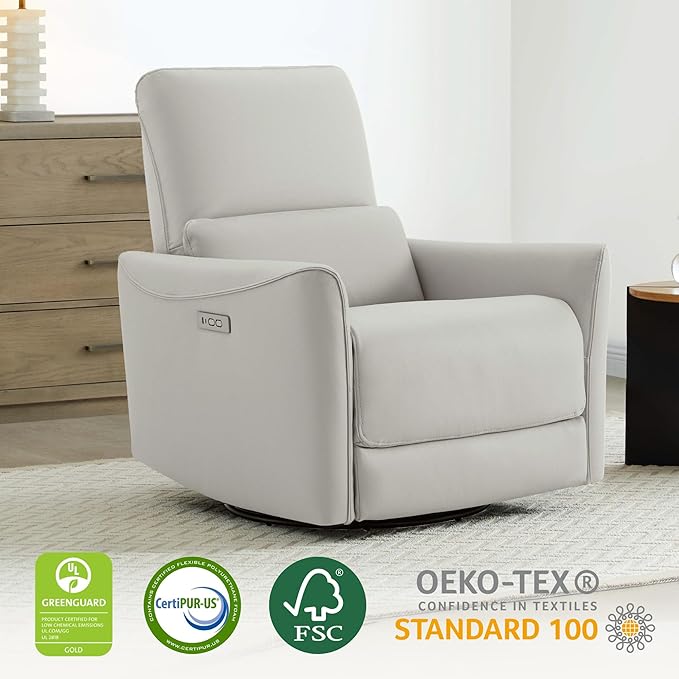 CHITA Power Recliner Chair Swivel Glider, FSC Certified Upholstered Faux Leather Living Room Nursery Reclining Sofa Chair with Lumbar Support, Cream-Ruum Studio Home