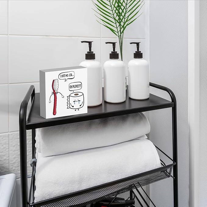 Funny Bathroom Decor, Funny Bathroom Wall Art, Black and White Bathrooms Decoration Decor for Shelves, Wooden Box Decor Sign for Home Farmhouse Office Living Room Table-Ruum Studio Home