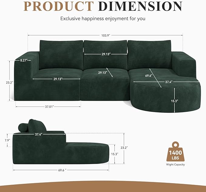 Modular Sectional Sofa with L-Shape Chaise,Cloud Sectional Modern Sleeper Couch with Deep Seat,Sponge Compression Sofas No Assembly Required(Green-Corduroy Fabric) 1PCS-Ruum Studio Home