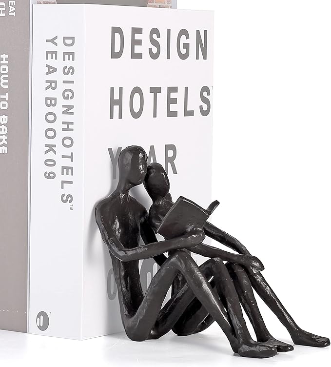 Ambipolar Romantic Reading Couple Bookshelf Decor, Cast Iron Bookend, Aesthetic Room Decor, Office Desk Decor, Home Decorative Bookend for Heavy Books, Satin Black-Ruum Studio Home