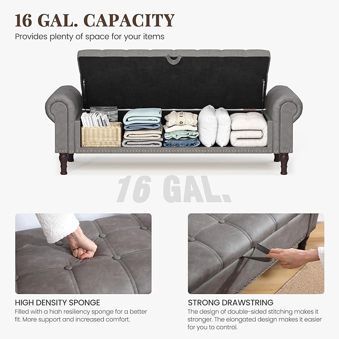 YOUDENOVAn 60”Bench with Storage, Upholstered Tufted Button Window Bench with Plenty Hidden Storage Space,Faux Leather Ottoman Bench for Bedroom, Living Room, Entryway，Grey-Ruum Studio Home