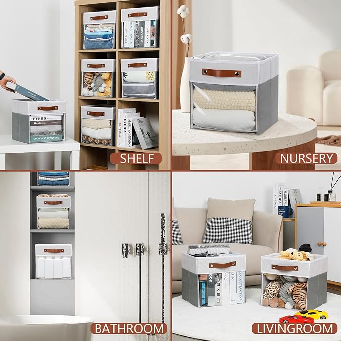 HNZIGE 11x11 Cube Storage Bins for Cube Organizer, Clear Fabric Storage Cubes for Storage Shelves, Collapsible Decorative Storage Bins for Clothes Closet Toys Cubby Storage Bin(White Gray 6 PCS-Ruum Studio Home