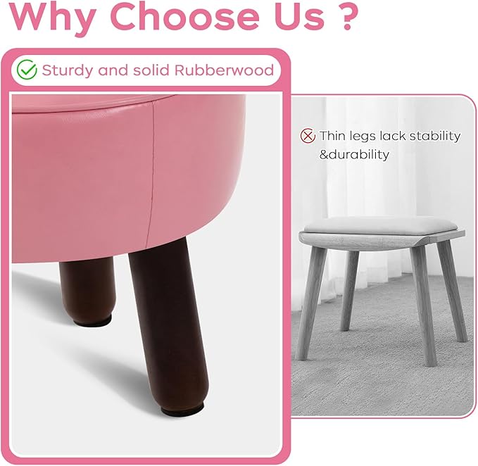Small Foot Stool Round Pouf Ottoman, 13'' Leather Foot Rest with Non-Skid Rubber Legs, Foolstool Ottomans for Couch, Sofa Footrest Step Stool for Living Room Bedroom Entryway Office, Pink-Ruum Studio Home