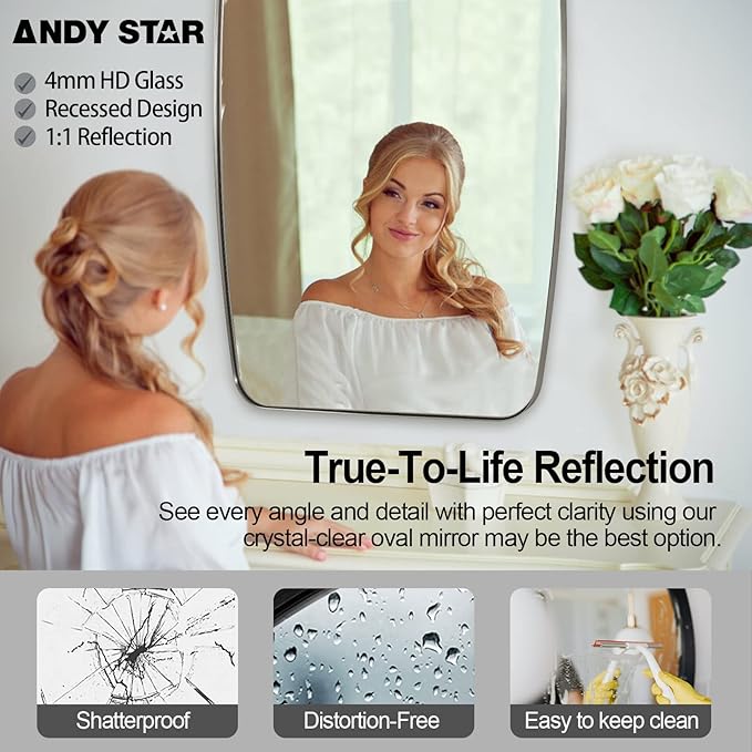 ANDY STAR Brushed Nickel Bathroom Mirror, Large 24x36’’ Brushed Nickel Metal Framed Oblong Wall Mirror, Modern Nickel Oval Vanity Mirror-Ruum Studio Home