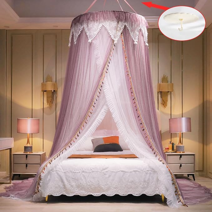 AIKASY Girls and Adults Canopy Bed, Elegant Double-Layer Bed Curtain, Children's Dream Round Lace Mosquito Net, Princess Canopy Net - Fits Twin, Full, Queen, and King Beds (White/Red Bean)-Ruum Studio Home
