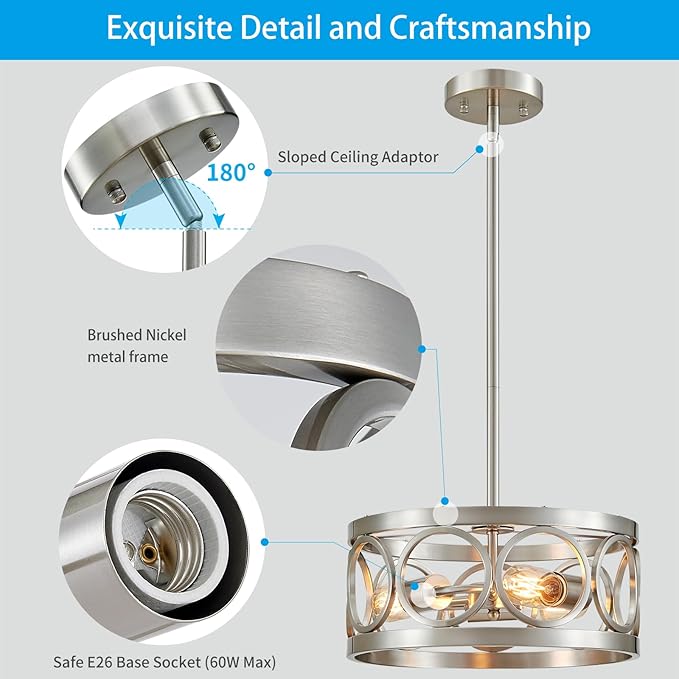 XINGQI Nickel Ceiling Light Adjustable Height Pendant Lighting Fixture 3-Light Metal Lamp 13" Rustic Round Lights for Dining Room Kitchen Bedroom Foyer Hallway-Ruum Studio Home