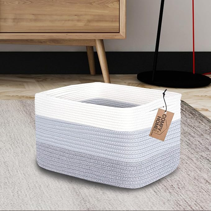 COMFY-HOMI 3PACK Cotton Rope Woven Basket With Handles for Shelves, Toy, Book, Cloth Storage Basket for Organizing|13.5" x 11" x 9.5" Decorative Nursery Cube Bin for Living Room（White / 3-Tone Grey）-Ruum Studio Home