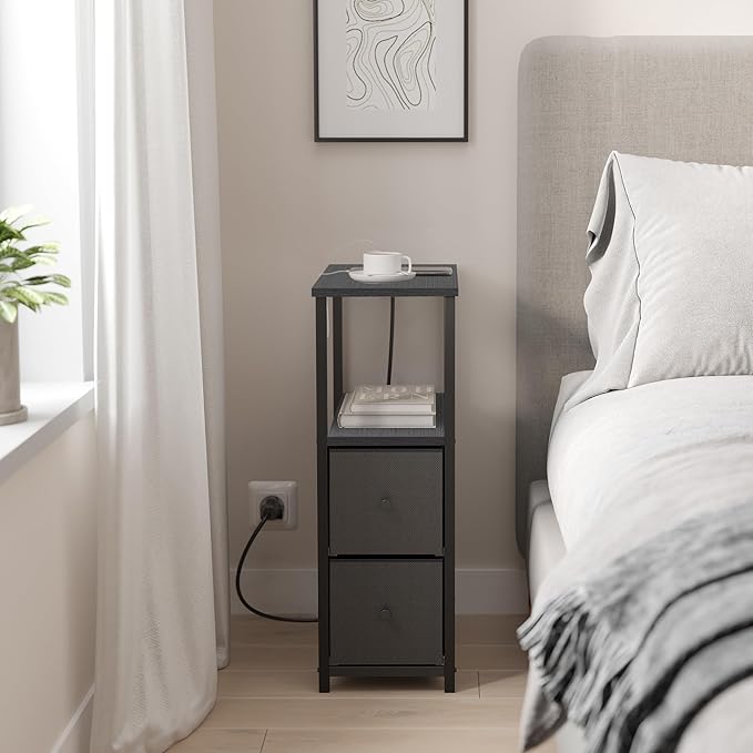TUTOTAK Small Narrow End Table with Charging Station, Side Table with Outlets, Nightstand with 2 Cloth Drawers, Couch Table, for Living Room, Bedroom, Bedside, Black TB01BK085-Ruum Studio Home