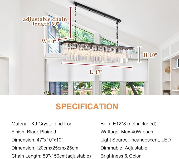 Rectangle Crystal Chandelier Black Modern Linear Chandelier Contemporary Pendant Light Fixture 8-Light Hanging Ceiling Light for Dining Room Living Room Kitchen Bedroom Foyer 47''-Ruum Studio Home