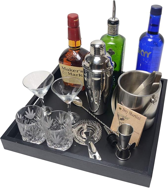 Square Wood Serving Tray with Handle, Ottoman Decorative for Home, 16x16 inches Black-Ruum Studio Home