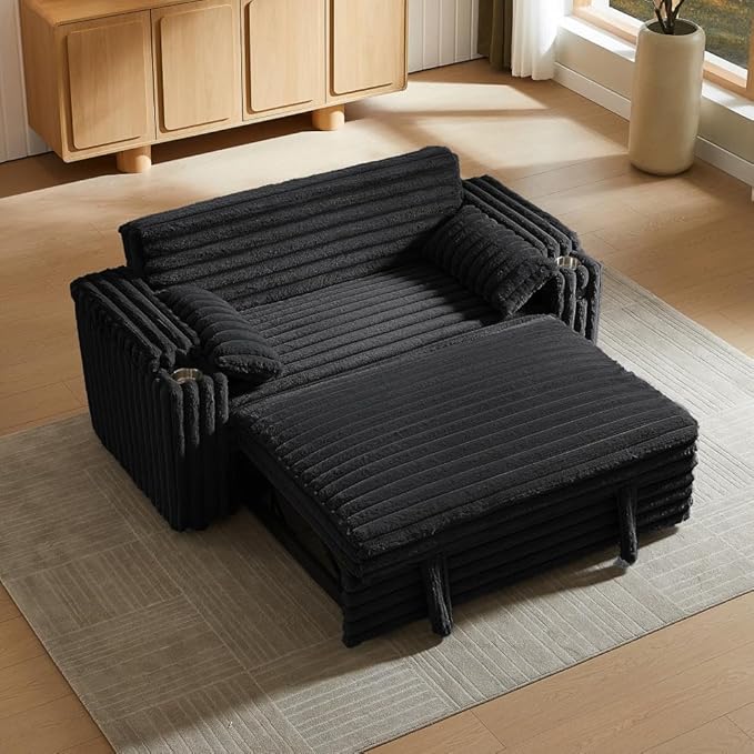 68.11" Corduroy Convertible Sofa Bed with USB Charging Port, Foldable Sleeper Chair with Pillows & Armrests, 3-in-1 Floor Couch for Living Room, Bedroom, Guest Room – Black-Ruum Studio Home