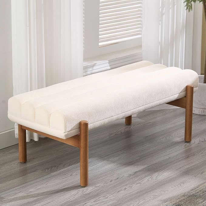 White Modern Bench Upholstered End of Bed Bench Chenille Fabric Bedroom Bench for Entryway Living Room Vanity Makeup Room, 47" Long, Wooden Legs-Ruum Studio Home
