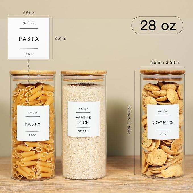 6 Pack Glass Jar with Airtight Bamboo Lid and White 132 Kichen Pantry Labels Preprinted - 28 Oz Clear Round Glass Food Storage Containers set For Tea Coffee Bean Cookie-Ruum Studio Home