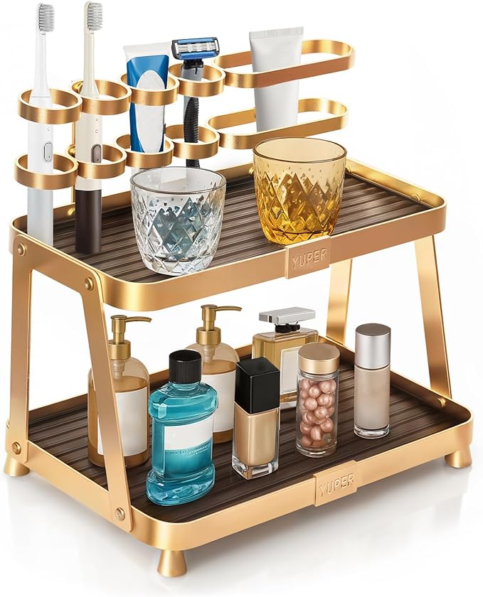 YUPER Bathroom Counter Organizer, 2-Tier Bathroom Organizer Countertop with Toothbrush Holder, Makeup Storage Shelf Vanity Tray Perfume Organizer, Bedroom Kicthen Counter Storage Sink Shelf Gold-Ruum Studio Home