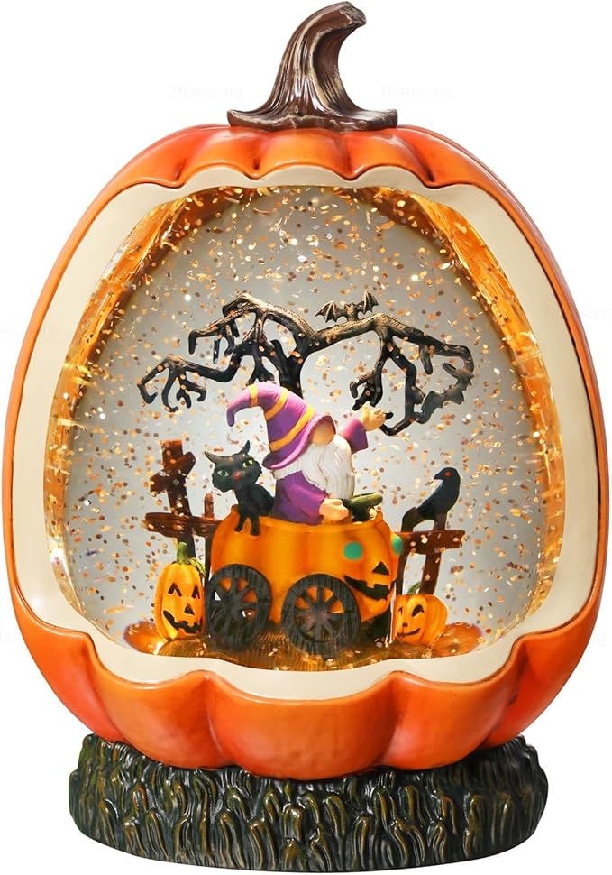 Halloween Snow Globe Pumpkin Halloween Decorations Indoor Gnome Black Cat Bat Swirling Glitter Timer-Ruum Studio Home