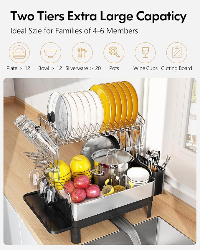 BOOSINY Dish Drying Rack with Drainboard, Stainless Steel Dish Rack, 2 Tier Extra Large Dish Drainer with Cup Holder and Utensil Holder for Kitchen Counter-Ruum Studio Home