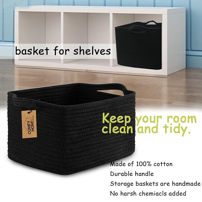 COMFY-HOMI 3PACK Cotton Rope Woven Basket With Handles for Shelves, Toy, Book, Cloth Storage Basket for Organizing|13.5" x 11" x 9.5" Decorative Nursery Cube Bin for Living Room（all Black）-Ruum Studio Home