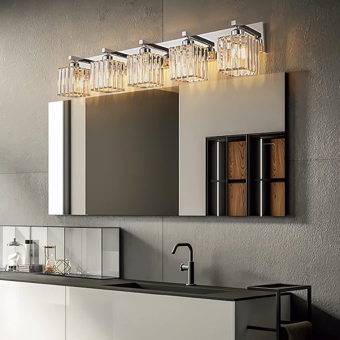 Modern Vanity Light 5-Lights Chrome Crystal Bathroom Wall Light Fixtures-Ruum Studio Home