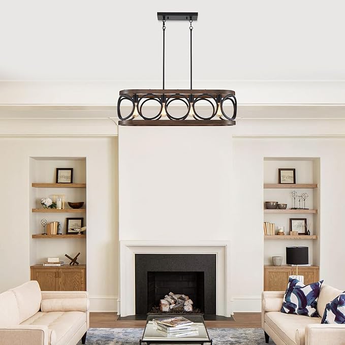 XINGQI Rectangular Linear Kitchen Island Chandeliers Over Table 32.7" Black Pendant Lighting Fixtures Farmhouse 4-Light for Dining Room Bar Office Coffee Shop, Black Wood Grain-Ruum Studio Home