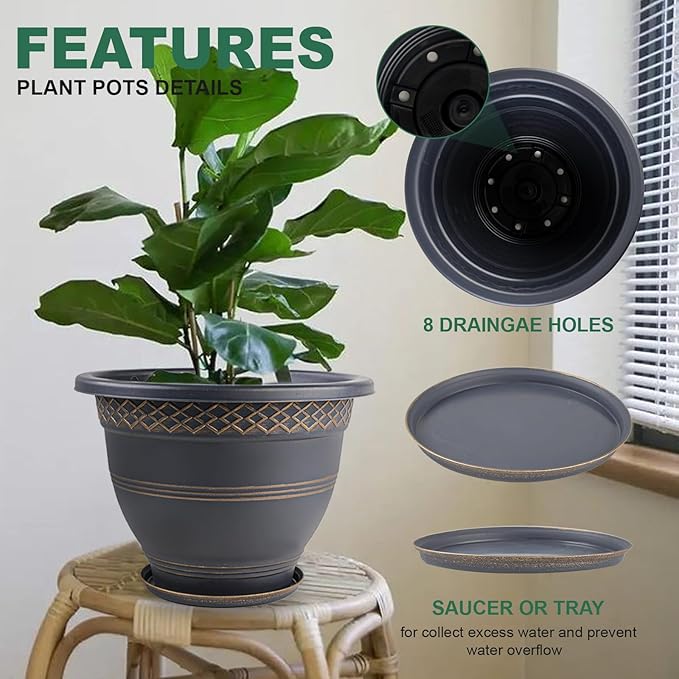 4 Pack 12 Inch Large Plant Pots, Plastic Flower Pot for Indoor & Outdoor with Drainage Holes & Saucer, Plaid Pattern Planters Garden Pots for Herbs-Ruum Studio Home