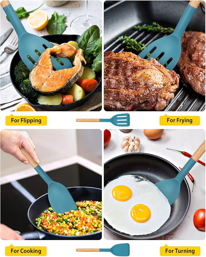 Pack of 2 Silicone Cooking Spatula, Heat Resistant Solid Turner, Non Stick Slotted Spatulas with Wooden Short Handle,Ideal Wood Kitchen Utensils Set for Frying, Baking, Flipping, Turning-Ruum Studio Home