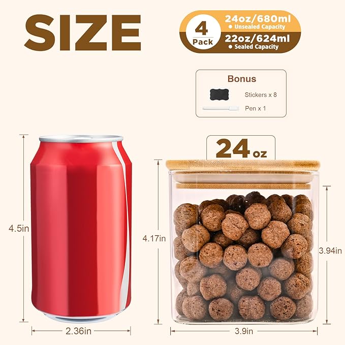 Glass Food Storage Jars Square 24oz, 4 Pack Glass Jars With Bamboo Lids, Kitchen Storage Containers For Spice, Candy, Cookie, Storage For Pantry Organizers-Ruum Studio Home