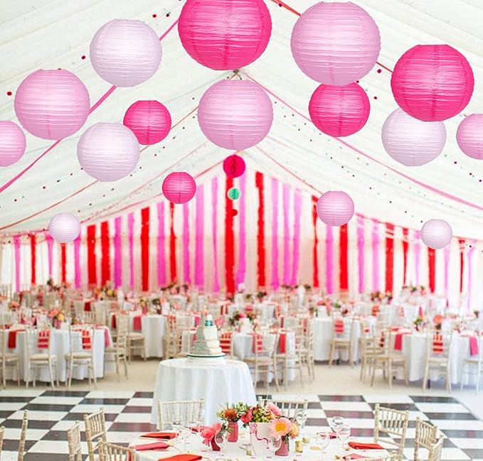 Paper Lanterns Decorative, Pink Hanging Round Chinese Lanterns with Lights for Engagement Bachelorette Birthday Party 12 LED Light Pack of 12-Ruum Studio Home