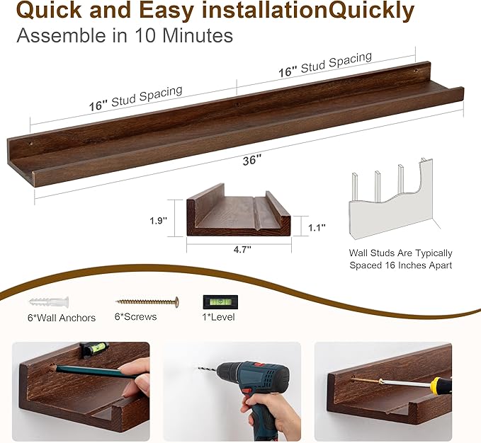 Floating Picture Ledge Shelves 36 Inch Solid Oak Wood Set of 2, Rustic Wall Storage Shelves with Lip, Kids Bookshelf, Photo & Picture Ledge Shelves for Bedroom, Living Room, Kitchen-Ruum Studio Home