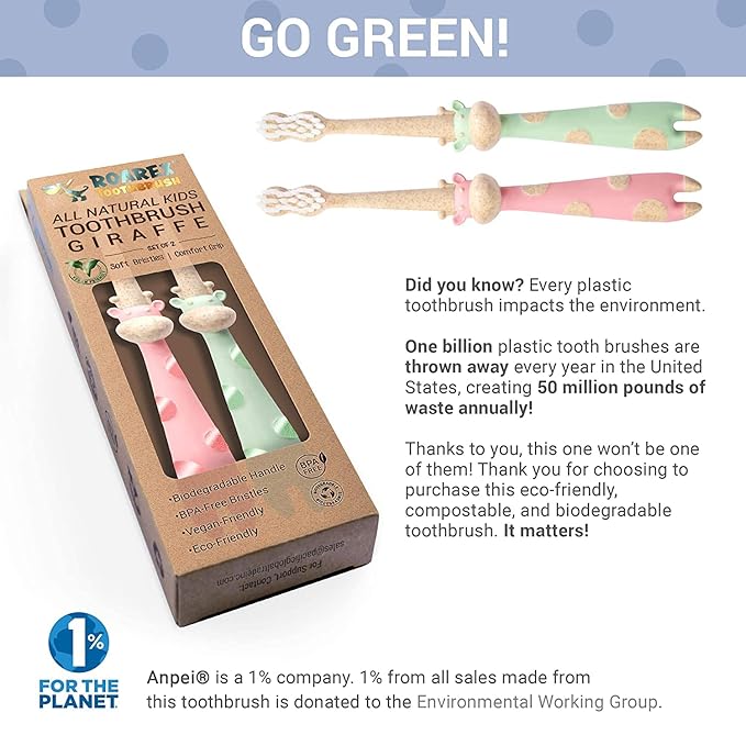 ROARex Vegan Eco Friendly All Natural Kids Toothbrush Made from Plants – Sweet Baby Giraffe | 100% Biodegradable and Compostable | 1% for The Planet Product-Ruum Studio Home