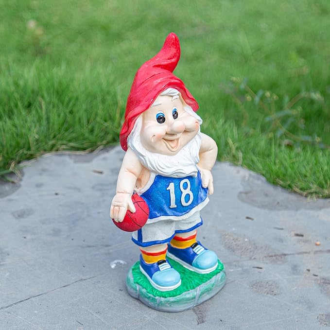 Outdoor Garden Sculpture Sports Garden Gnome with Basketball, 9.5 Inch Decorative Resin Statue, Red and Blue Jersey, Indoor Outdoor Decor A for Basketball Enthusiasts-Ruum Studio Home