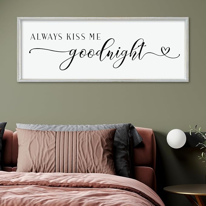 comurdyo Always Kiss Me Goodnight Sign for Bedroom Above bed Wall Decor 40''×15'' Large Wood Frame For Couples Over Bed Hanging Wall Art (White)-Ruum Studio Home