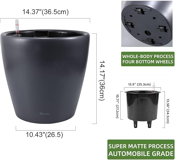 Dexceder 15x14 Self Watering Planter with Wheels Indoor Outdoor, Inner Pot Design, Thickened Large Floor Standing Flower Plant Pot with Water Level Indicator (Slate Gray Matte)-Ruum Studio Home