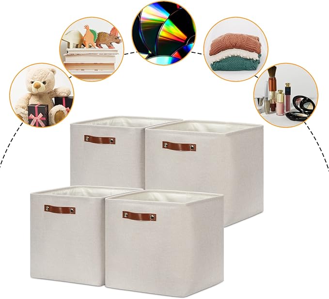 DULLEMELO Storage Bins, 4 Pack Of 13x13x13 Decorative Storage Cube Bins Suit Office, Home, Shelves And Closet, Cube Storage Bin with Leather handle(4 Pack - 13" Beige)-Ruum Studio Home