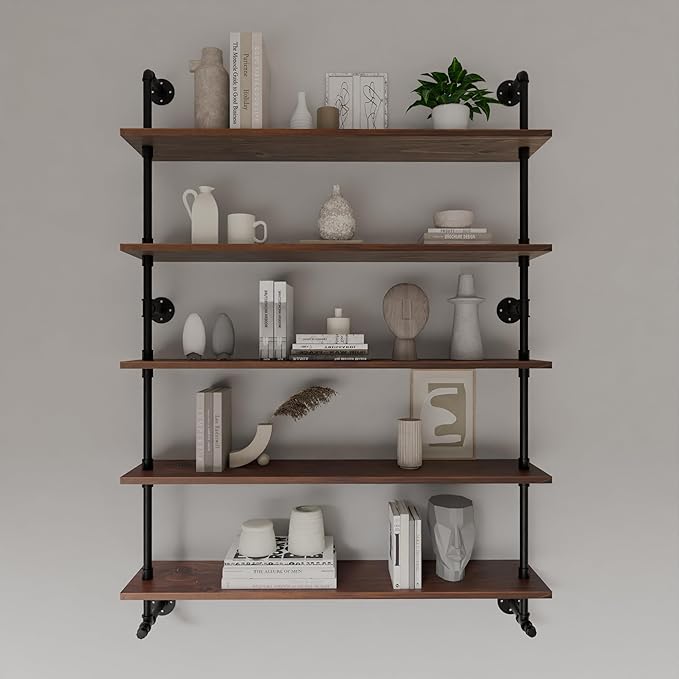 Industrial Pipe Wall Shelves Pipe Shelving with Real Wood Plank ,48 Inches Floating Shelves for Wall Farmhouse Pipe Book Shelves Dark Brown 5 Tier for Kitchen,Living Room Decor and Bar Shelving-Ruum Studio Home