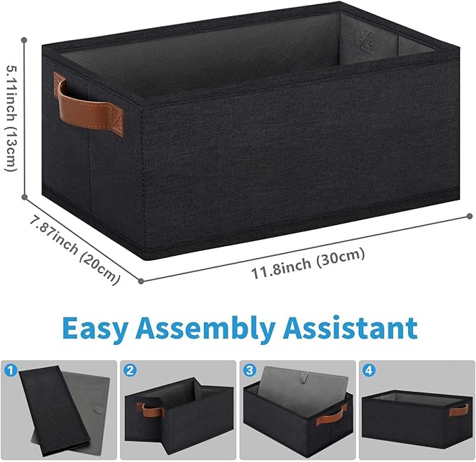 GhvyenntteS Small Fabric Storage Bins 6 Pack, 11.8" x 7.87" x 5.11" Storage Basket with Leather Handles, Closet Storage Bins for Shelves, Storage Baskets for Shelves, DVD Storage (Black)-Ruum Studio Home