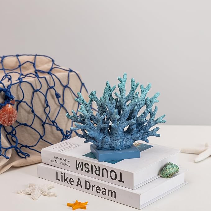 5.8" H Blue Coral Decor, Resin Coral Statue, Nautical Decorations for Home, Beach/Coastal/Ocean Themed Cabinet Shelf Tabletop Decor-Ruum Studio Home