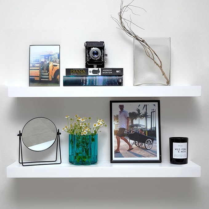 Homeforia White Floating Shelves 30 inch, High End Solid Real Wood 30inch Floating Shelf for Wall Mounted, White Wooden 30in Long Floating Shelves, Heavy Duty Bracket, 30 X 6.5 X 1.75 inches, Set of 2-Ruum Studio Home